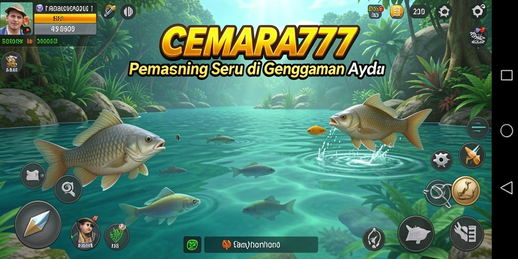 Tampilan gameplay CEMARA777 saat memancing di danau yang indah.