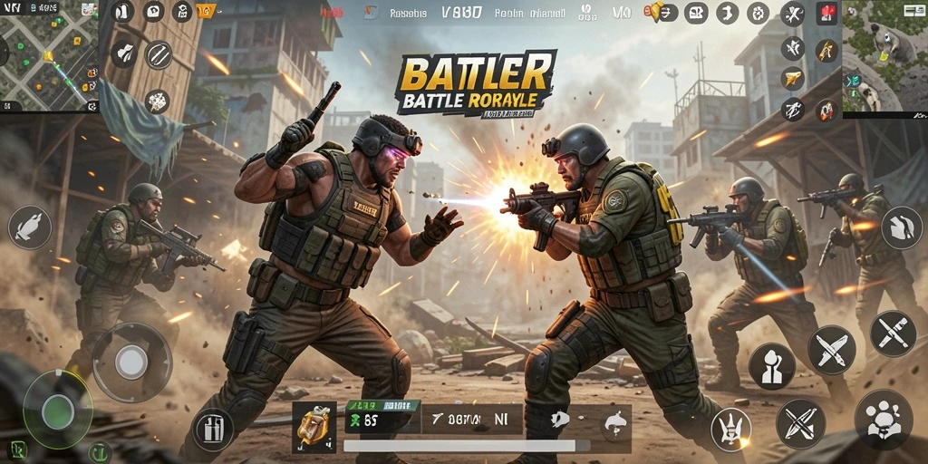 Screenshot V87 menampilkan aksi intense dalam menu Battle Royale.